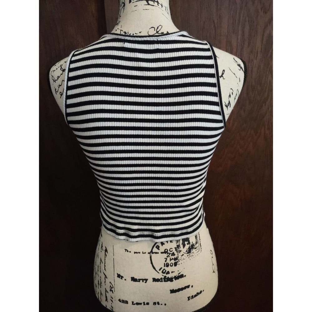 Ambiance Black White Womens Small Crop Cropped Top White Striped Cotton Stretch - Picture 2 of 4